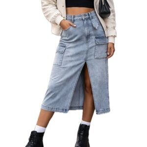 NWT Juicy Couture Belted Denim Front Slit Cargo Midi Skirt, 10/30